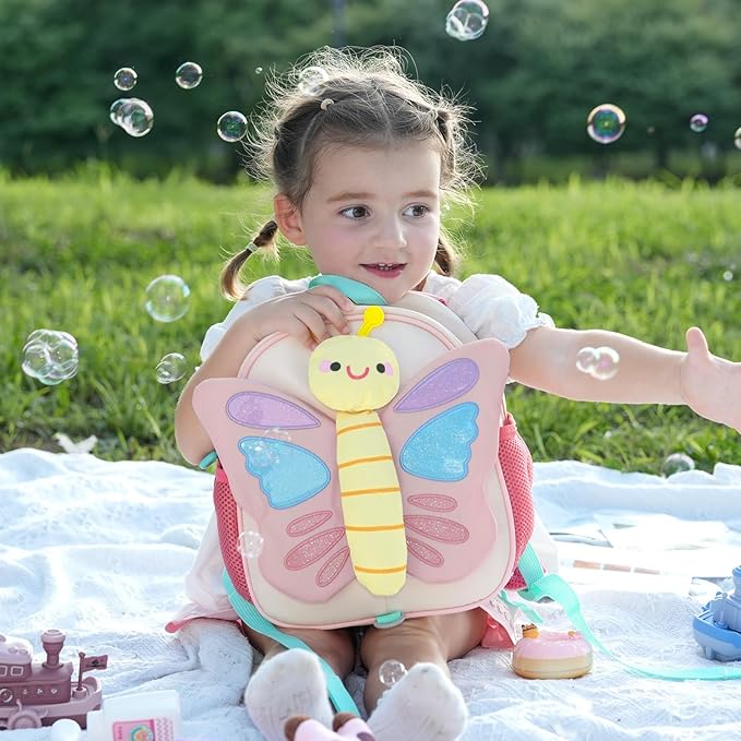 GAGAKU Kids Backpack with Leash for Girls Age 2-4, Cute 3D Butterfly Preschool Backpack, Lightweight Nylon Toddler Backpack for Kindergarten Travel School