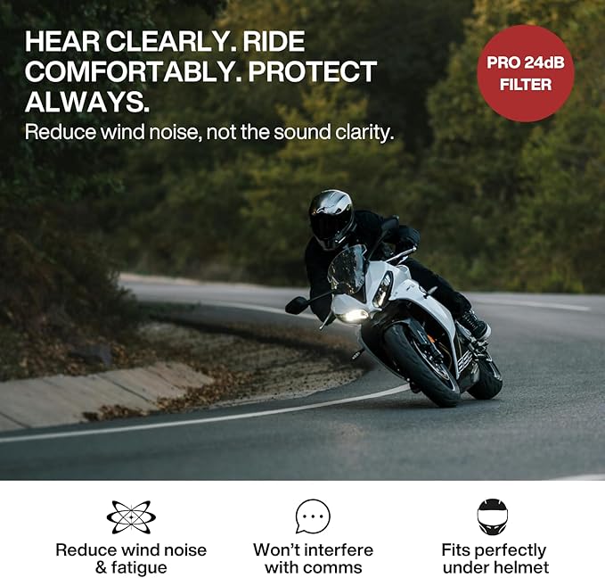EARPEACE Moto PRO - Motorcycle Ear Plugs - Reusable Earplugs for Wind Noise Protection with High Fidelity Filter - Noise Canceling up to 24dB - Motorcycle Accessories - Includes Filter Set and Case