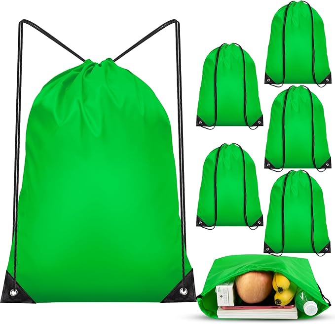 IKAYAS 6Pcs Drawstring Bags Bulk Green Drawstring Backpack, String Backpack Cinch Sack Sport Gym Backpack Bags for Yoga Traviling Outdoor Sports