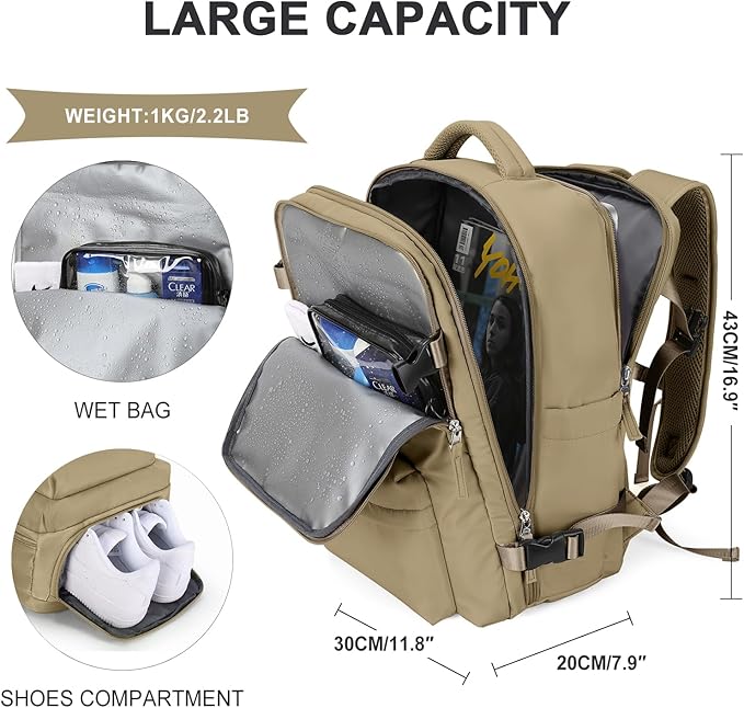 WONHOX Travel Backpack Women, Carry On Backpack for Men, Hiking Laptop Backpack Waterproof Outdoor Sports Rucksack Casual Daypack, Khaki