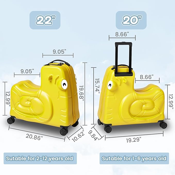 Kids Luggage, Kids Ride-on Luggage with Spinner Wheels Suitcase, Kid's Ride-On Suitcase Help Your Child Relax, Carry On Trolley Luggage with Password Lock, 20"", Yellow, QX-20