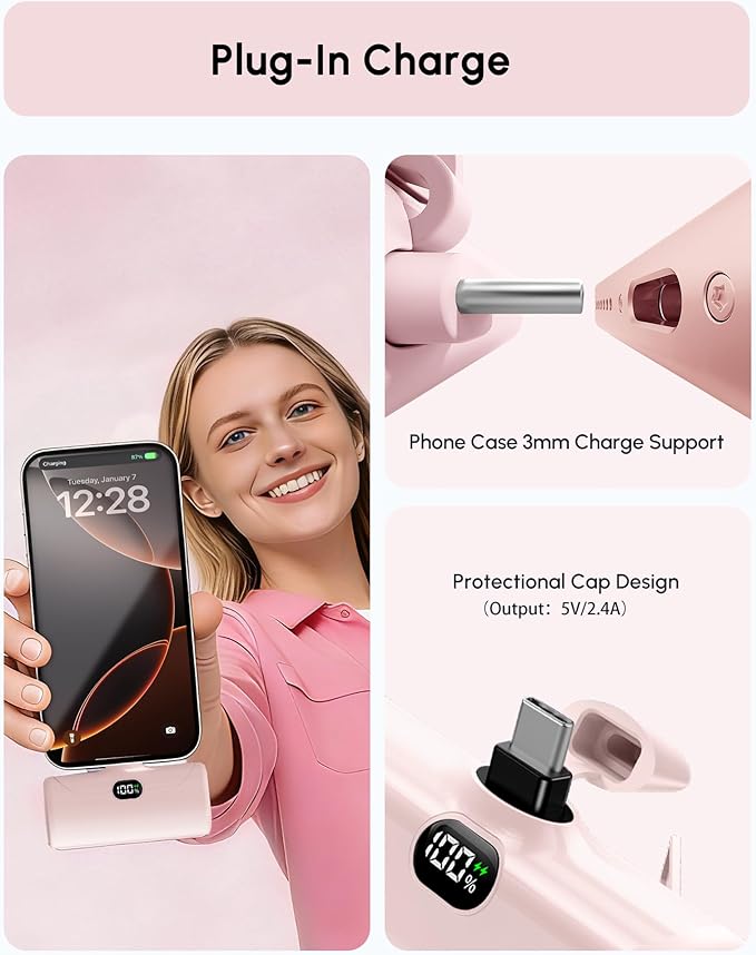 Lightweight Pink USB C Power Bank Portable Charger 5000mah with Kickstand for iPhone 17,Type-c Battery Pack Charger with Digital Display for iPhone 16/Samsung/Android phones, Pinky Gift for Her Phones