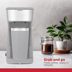 Holstein Housewares Personal Coffee Maker with 14oz Travel Mug – Compact One-Touch Brew Machine with Reusable Filter, Auto Shut-Off, Non-Stick Plate, Ideal for Home, Office, or Dorm. Grey
