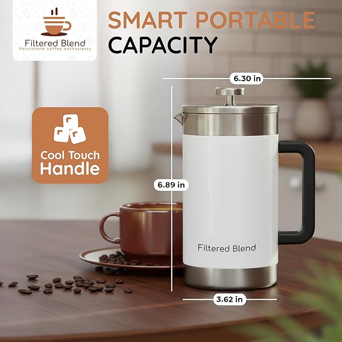 1.6L French Press Coffee Maker, 54oz Large Capacity French Press Stainless Steel Brewer with Double Filter Mesh for Kitchen Travel Camping, Hot & Cold Brew Coffee Maker Gifts (White)