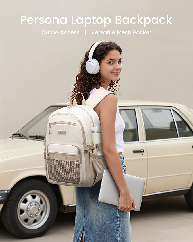 LOVEVOOK Laptop Backpack Women with 40oz Cup Holder Buckle Strap, 15.6 Inch Tech-Ready Work Backpack, TSA-compliant for Travel & College with Versatile Mesh Pocket, Oatmeal Cream