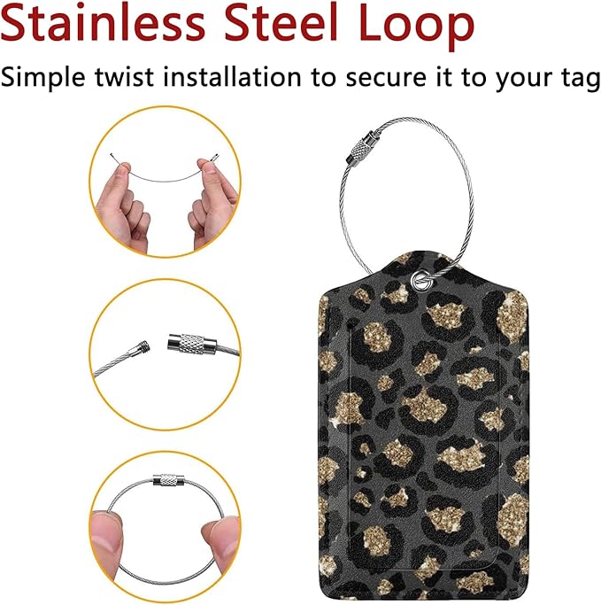 GACCAP 2 Pack Luggage Tags for Suitcase, Privacy Cover ID Label with Stainless Steel and Address Card for Travel Bag Backpack Cruise Ship Essentials Tag Women Girls - Black Gold Leopard Cheetah