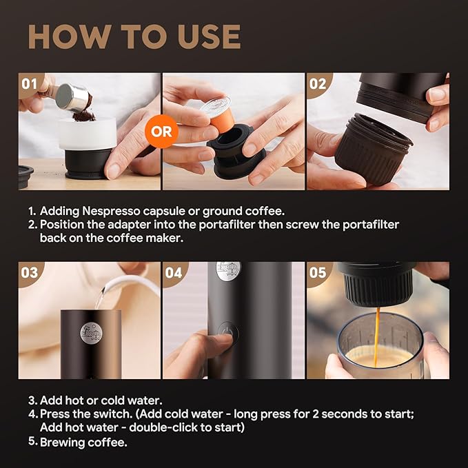 Portable Espresso Machine Mini 12V Rechargeable 3-in-1 Multi-Function Electric Coffee Machine One Key Extraction Compatible with NS & DG Capsules and Ground Coffee for Office Home (BLACK-NEW)