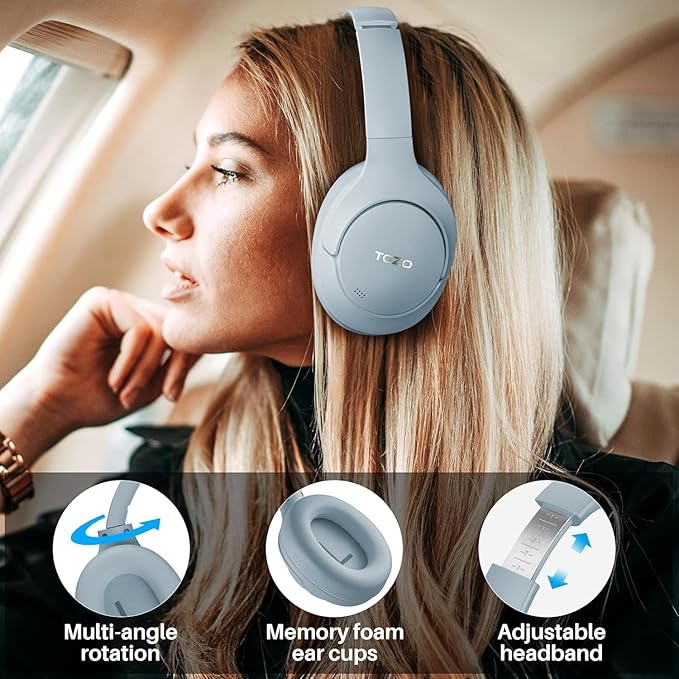 TOZO Hybrid Active Noise Cancelling Headphones, Wireless Over Ear Bluetooth Headset, 60H Playtime, Hi-Res Audio Custom EQ via App Deep Bass Comfort Fit Ear Cups, for Home Office Travel Blue