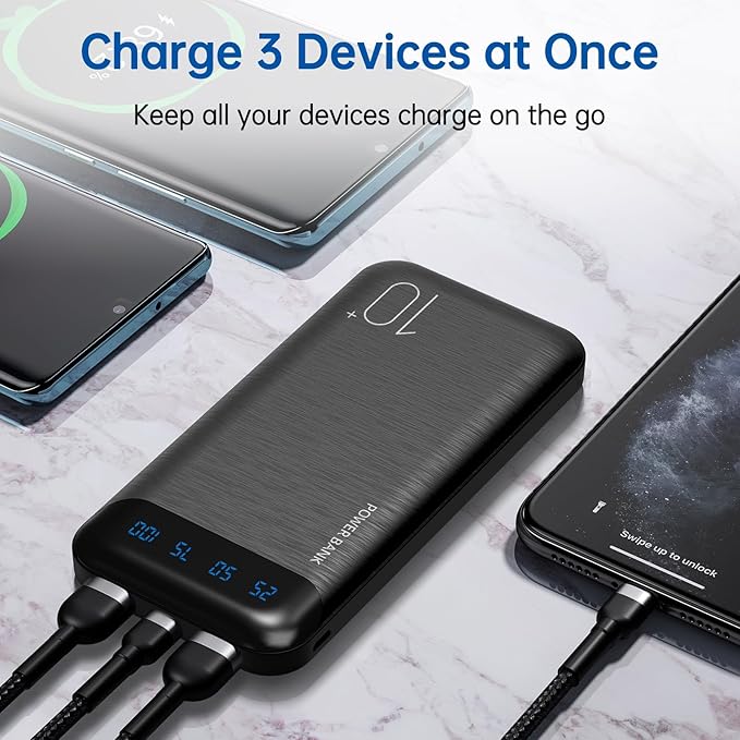 Power Bank 10000mAh Portable Charger Slim Battery Pack with 2 USB 2.4A Outputs and USB C In/Out Compatible with Huawei iPhone 16 15 14 13 12 iPad Samsung Galaxy S20 Android Tablet (Black + White)