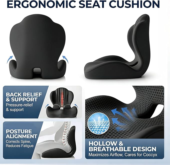 Ergonomic Seat Memory Foam Support Cushion for Back, Car Seat Back Support Cushion for Sciatica Tailbone Pain, Office Desk Chair Car Travel Seat Cushion (Black)