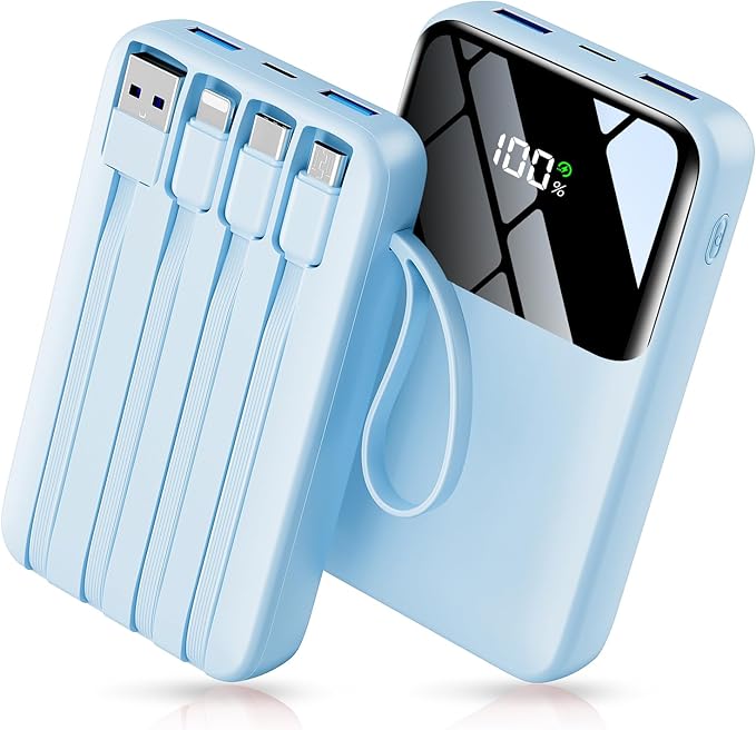 Power Bank, 15000mAh Portable Charger with Built in Cable, 22.5W Fast Charging, 6 Outputs, Slim Travel Essential Battery Pack with LED Display, Compatible with iPhone 17/16/15/14/13, iPad SkyBlue