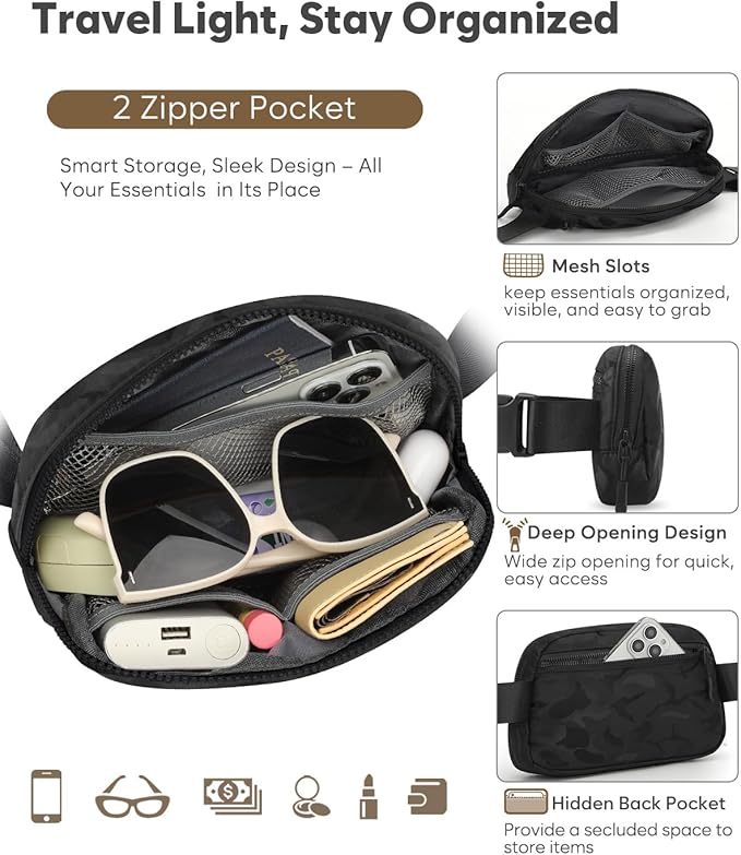 Pritent Fanny Packs for Women Cross Body Bag Waterproof Belt Bag with Adjustable Strap and Zipper Back Pocket Small Crossbody Bags Fashion Waist Packs for Workout Travelling(Camo Black)