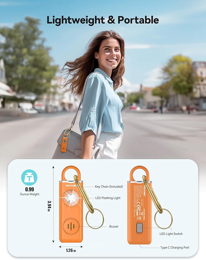 TECKNET Rechargeable Personal Safety Alarm for Women, 130dB Self Defense Keychain Alarm with SOS Strobe Light, Low Battery Notice, Loud Siren Safety Keychain for Girls Kids Elderly - Orange