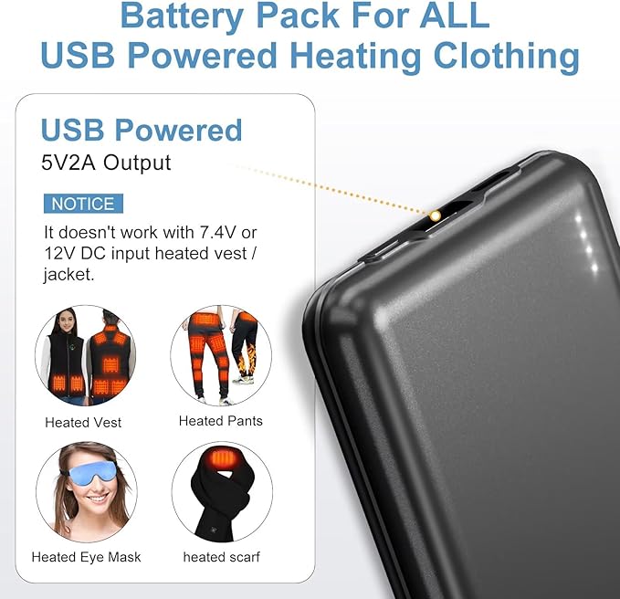 KOVNLO Battery Pack for Heated Vest, 5V 2A 10000mAh USB Power Bank with USB-C Charging Cable, Ultra Thin Portable Charger for Heated Jacket,iPhone, Android
