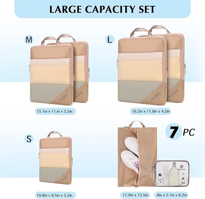 PFEYRPK Lightweight Compression Packing Cubes for Suitcases, Compressible Expandable Travel Packing Organizer with Clear Toiletries and Backpack Bag, Travel Essentials for Carry on Luggage 7 Set