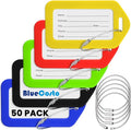 BlueCosto - Luggage Tags - Multicolored, 50 Pack - Suitcase Tags with Name ID Card & Heavy-Duty Metal Wire Loops - Bright Colored PVC Identifiers for Travel Baggage - Backpack Name Labels