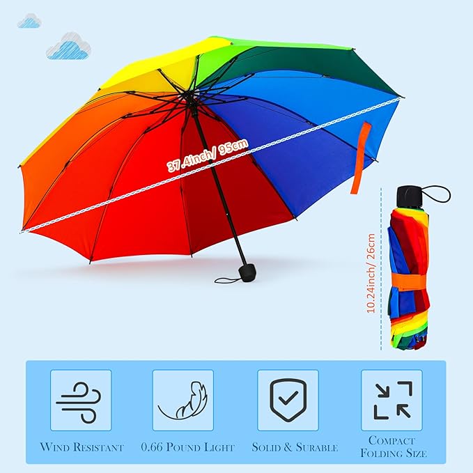 12 Pc Rainbow Umbrella Portable Tri Folded Pride Umbrella Windproof Compact Rain Parasol for Travel Beach Wedding Party
