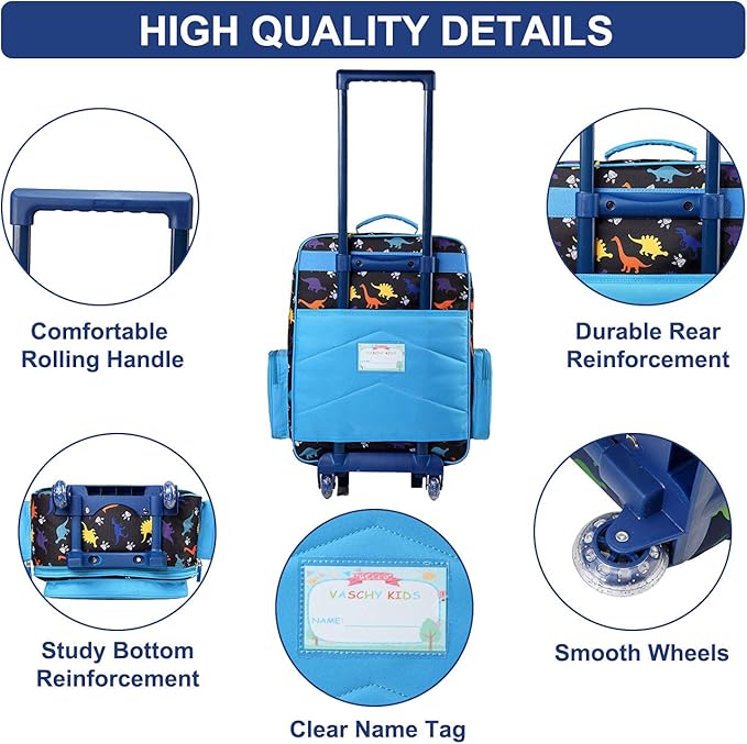 VASCHY Kids Luggage for Boys, Cute Rolling Travel Carry on Suitcase for Toddlers/Children with Wheels 18inch Dinosaur