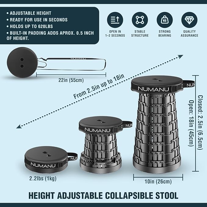 NUMANU 2PK 2026 Upgraded Padded Collapsible Stool, Max 620lb 18" Adjustable Portable Folding Stool for Adults, Retractable Foldable Telescopic Seat Camping Chair or Footrest