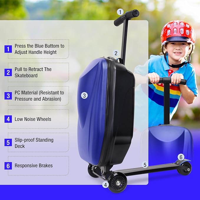 2-in-1 Ride-On Scooter Suitcase, 20” Foldable Hardshell Carry-On Luggage for Travel, Lightweight Kids Scooter Bag with Wheels