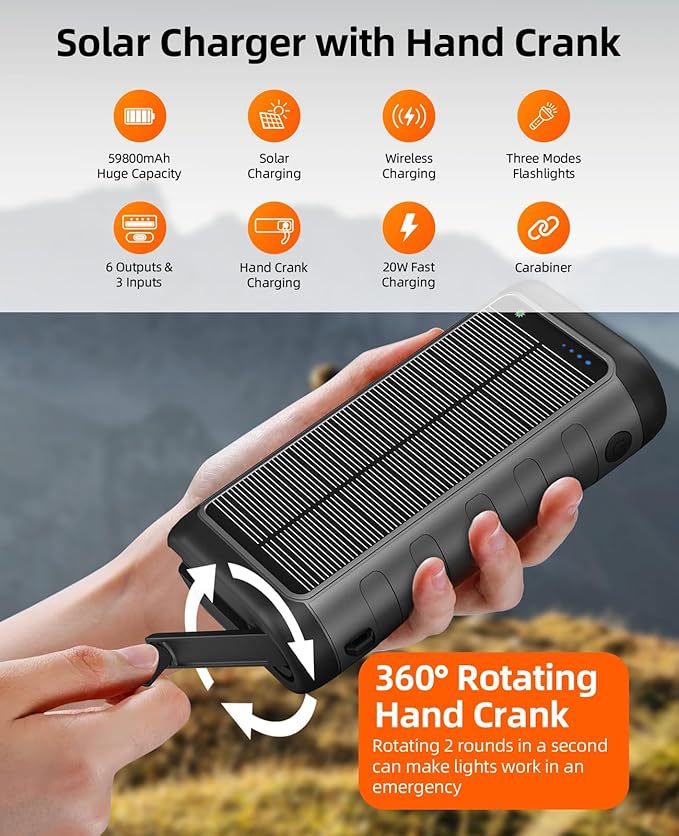 YELOMIN Solar Charger Power Bank 59800mAh, Outdoor Waterproof Battery Pack, 3 Built in Cables & Hand Crank, 6 Outputs, 15W Wireless Charging, Emergency LED Flashlight for Camping Hiking Travel