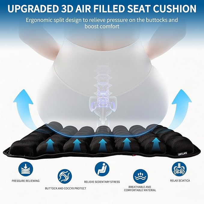 Sodurue Inflatable Travel Seat Cushion for Airplane: Pressure Relief Seat Cushion with 42 Adjustable Air Cells - Ergonomic Comfort Buttock Support Portable for Wheel Chair/Car/Office/Stadium