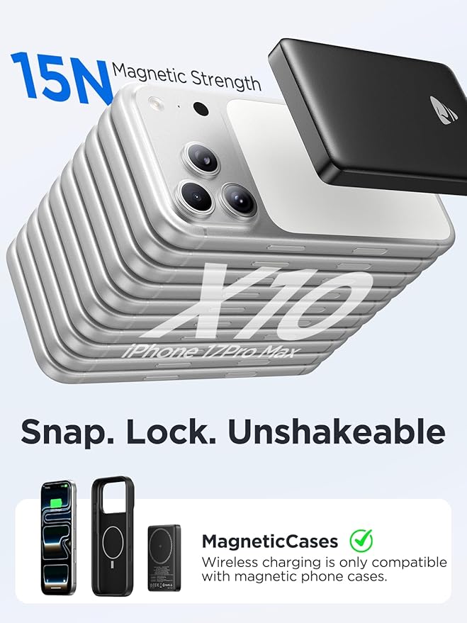 for Magsafe Portable Charger, 10000mAh 15W Wireless Magnetic Power Bank, 20W PD Fast Charging Magsafe Battery Pack with USB-C Cable, Wireless Portable Charger for iPhone 17/16/15/14/13/12 Series
