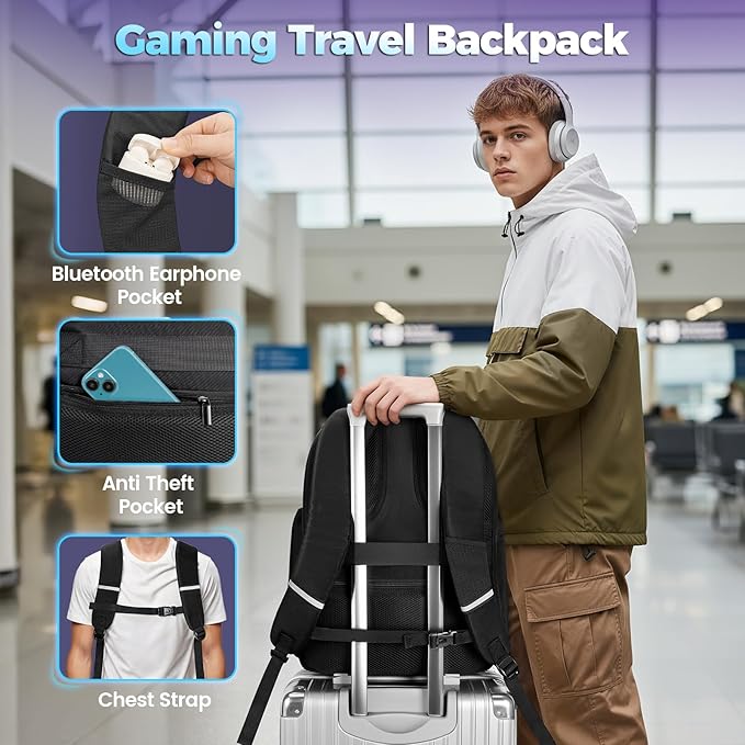 MATEIN 17.3 Inch Gaming Laptop Backpack for Men, TSA Friendly Travel Laptop Backpack with Organizer Pouch, Rain Cover, Padded Laptop Protection, Anti Theft Pocket, Carry On Gaming Bag