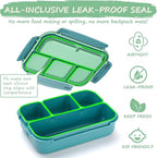 QQKO Bento Box for Kids Adults, School Toddler Lunch Box for Boys Girls, Lunch Box Containers with 4 Compartments, Sauce Container, Utensils, Food Picks and Muffin Cups for School, Green