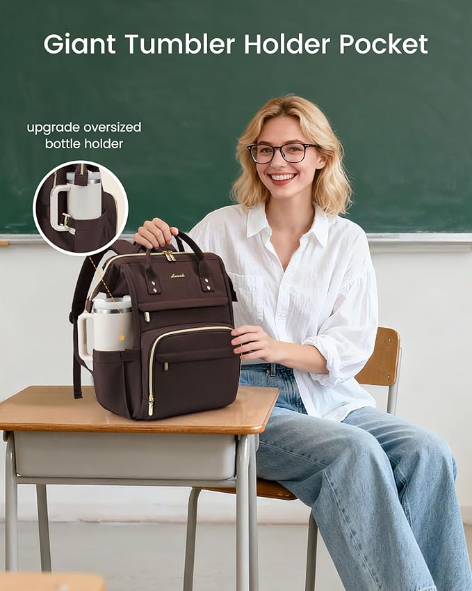 LOVEVOOK Laptop Backpack for Women with Giant Tumbler Holder Pocket,17 inch Waterproof Travel Backpack Purse Computer Laptop Bag,Professional Work College Nurse Teacher Backpack Personal Item,Coffee