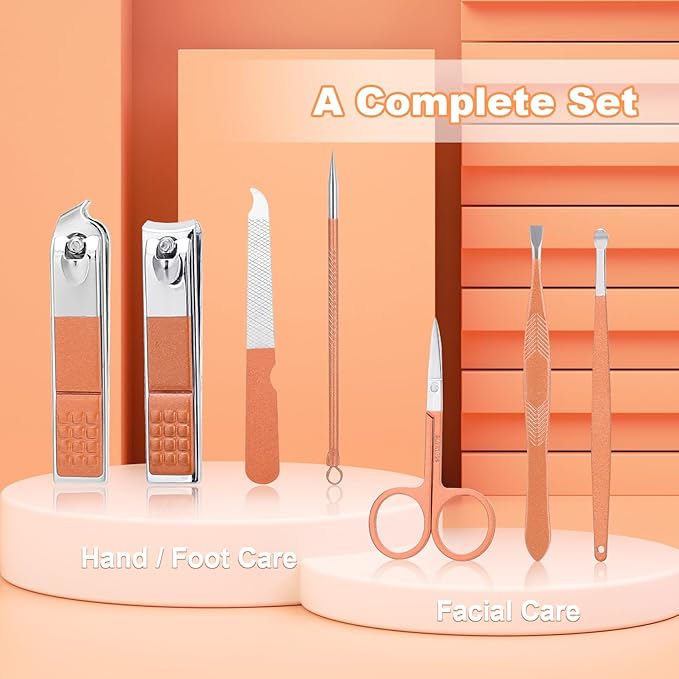 Manicure Set-Stainless Steel Nail Care Set-Professional 7 in 1 Ingrown Toenail Clipper Grooming Tool-Pedicure Kit & Toe Nail Cutter-Thick Nail Scissors Toiletries with Cuticle Trimmer (Rose Gold)