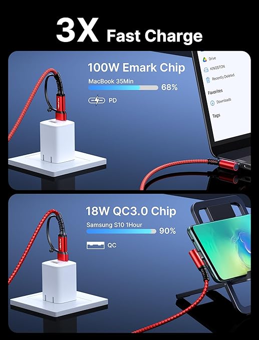 JSAUX 3-in-1 USB-C Cable 2-Pack 10FT, 100W Right Angle Fast Charging Cord with USB-A Adapter for iPhone 16/15, Galaxy S25/S24, iPad, MacBook, Steam Deck - Red