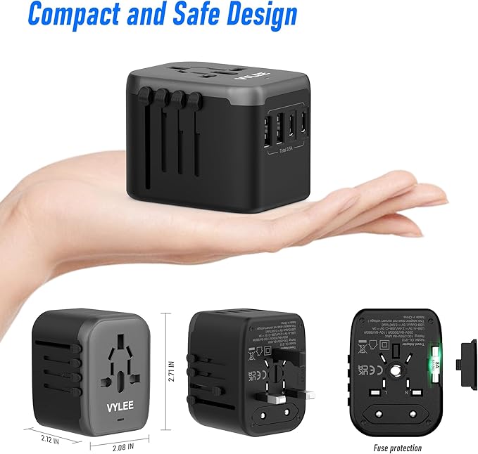 VYLEE Universal Travel Adapter, 5 in 1 International Power Adapter with 3.5A 2xUSB-A & 2xUSB-C Ports, Travel Plug Adapter Worldwide for Europe USA UK AUS Travel Essentials (Black Grey)