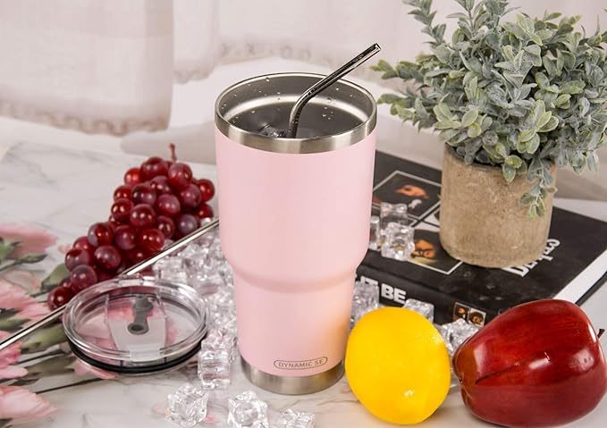 D·S 30oz Sakura Pink Tumbler Stainless Steel Double Wall Vacuum Insulated Mug with Straw and Lid, Cleaning Brush for Cold and Hot Beverages