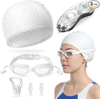 Tallew Swim Goggles Swimming Cap Set with Earplugs, Nose Clip and Case Silicone Swim Hat Waterproof Chlorine Resistant