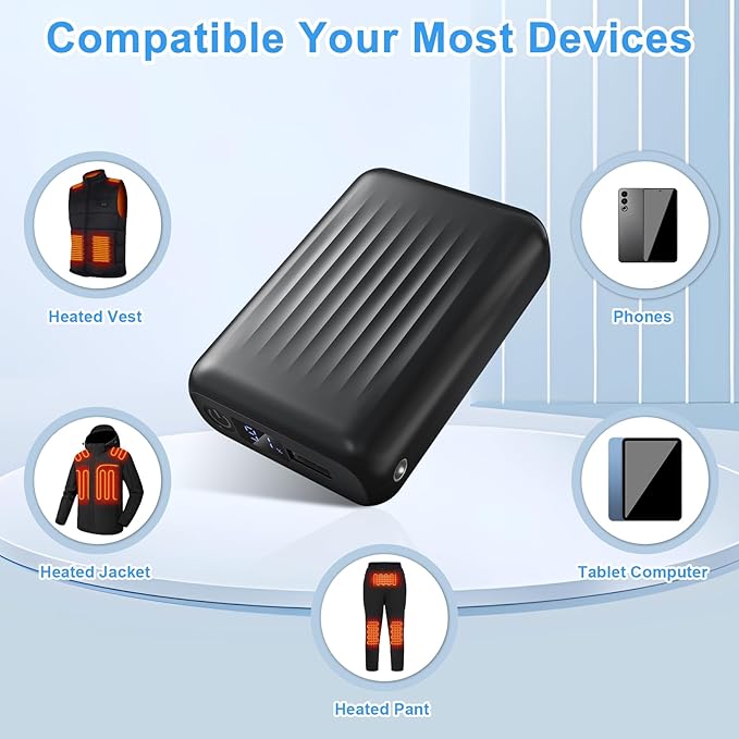 Battery Pack for Heated Vest，Heated Vest Battery Pack 18400mAh 5V, 7.4V, 9V, 12V Rechargeable Power Bank for Heated Vest, Heated Jacket with DC/USB/Type-C Output LED Display
