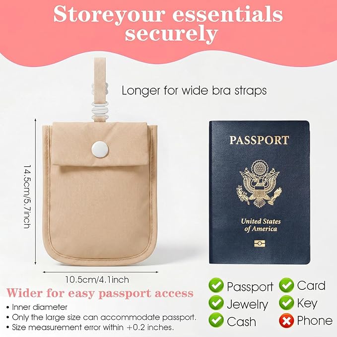 Undercover Bra Wallet, Hidden Travel Pouch with Adjustable Elastic Strap, Secret Stash Pocket for Passport, Credit Cards, Money and Valuables (Khaki)