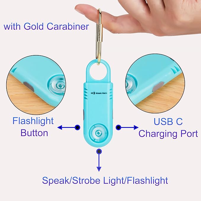 135dB Rechargeable Personal Safety Alarm Built-in Ultra-Bright Flashlight Non Slip Grip Keychain Emergency SOS Siren for Women, Students, Night Runner. Loud Sound Hiking Bear Alerts with Hook. Aqua