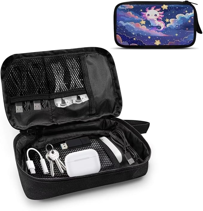Cartoon Axolotl Print Travel Cable Organizer Bag Waterproof Portable Electronic Accessories Organizer for USB Cable Cord Phone Charger Headset Wire SD Card