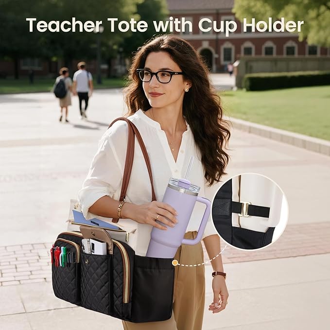 LOVEVOOK Tote Bag with Large Cup Holder, Work Tote Bags for Women, Large Capacity Teacher Tote with Multi Pockets, Nurse Diaper Bag with Padded Laptop Compartment, 17.3 Inch Light Green Beige