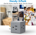 POWERCORDS 3 Power Blocks Outlet Splitter, 3 Pack, Grounded Wall Tap, 3-Prong Plug Adapter AC Multi Plug Wall Outlet, Power Splitter, Cruise Essentials, for Home Office School Dorm, UL Listed,Grey