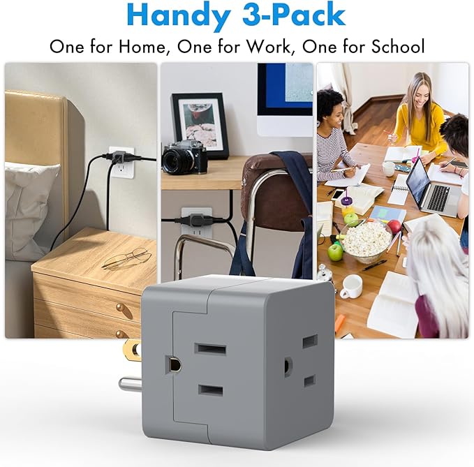 POWERCORDS 3 Power Blocks Outlet Splitter, 3 Pack, Grounded Wall Tap, 3-Prong Plug Adapter AC Multi Plug Wall Outlet, Power Splitter, Cruise Essentials, for Home Office School Dorm, UL Listed,Grey