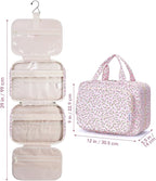Narwey Travel Toiletry Bag for Women Large Hanging Makeup Bag Organizer Toiletries Bag for Full Size Essentials Accessories Cosmetics (Pink Flower (Large))