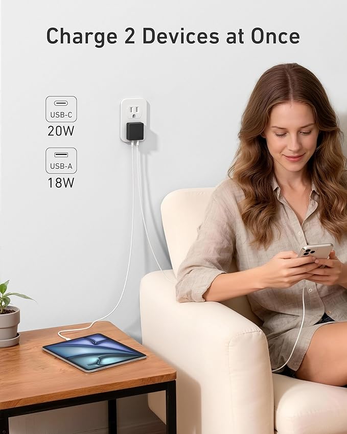 Nekmit Flat USB C Wall Charger, 45W Dual Port PPS Fast USB Charger Block(1*USB-C & 1*USB-A), Slim USB C Wall Plug for iPhone 17/16 and More Series, MacBook Air, iPad