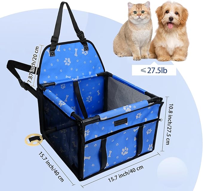 Dog Car Seat Foldable Dog Car Booster Seat Waterproof Breathable Oxford Travel Bag for Small to Medium Dogs, Puppies, and Pets-Pattern Blue-Upgrade