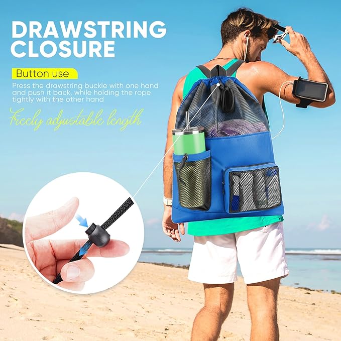 HOHOM Swim Mesh Beach Bag, Waterproof Gym Bags for Women and Men, Large Pool Bag Swimming Gear Drawstring Backpack