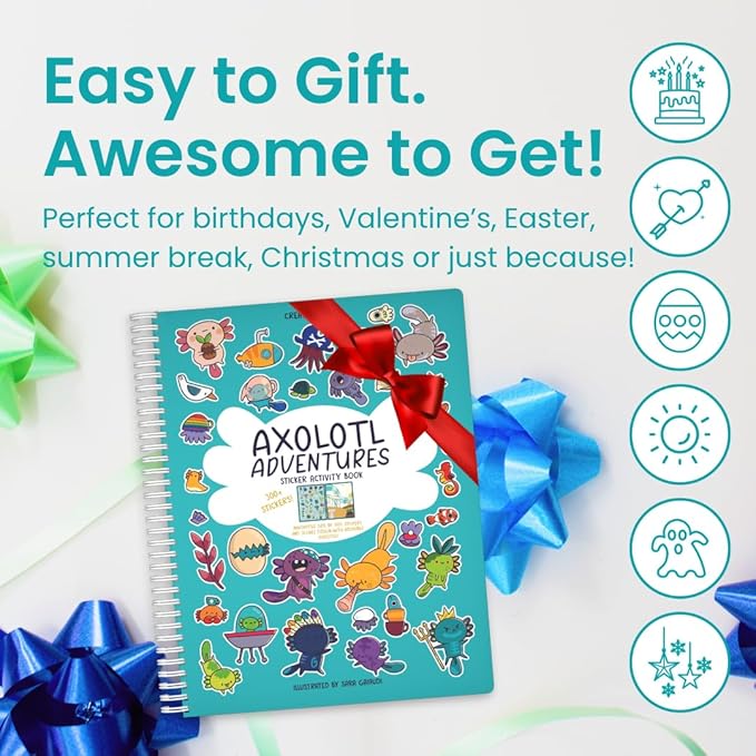 Axolotl 300+ Kids Sticker Book by Cupkin Toddler Airplane Travel Coloring and Sticker Book, Road Trip Essentials, 8 Coloring Pages 8 Side by Side Scenes for Ages 2–8 Years