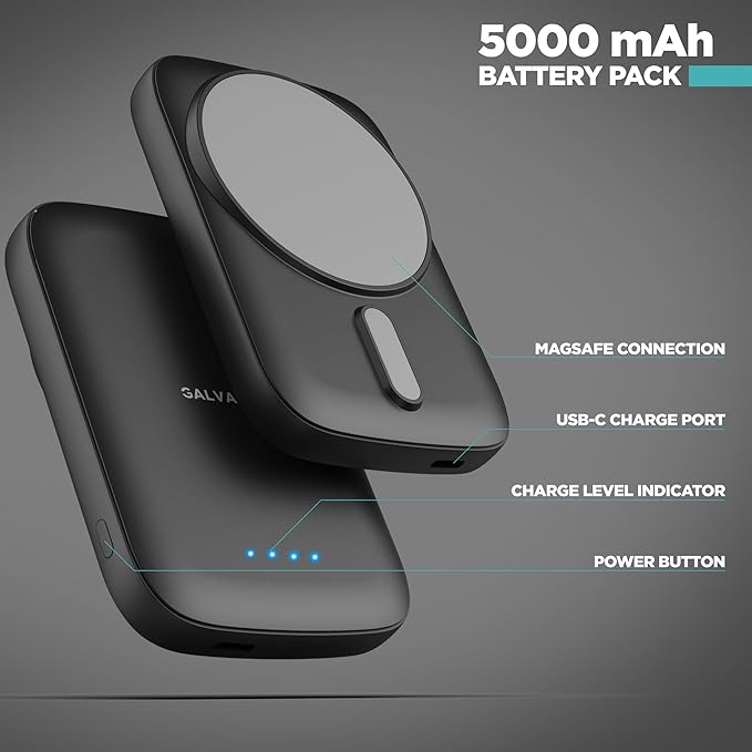 GALVANOX Magnetic Power Bank for Samsung Phones (15W) Wireless Charging Battery Pack for Android, Galaxy S24 S25 Plus, Ultra (Compatible with MagSafe Case Required) 5000mAh Portable Charger, Black