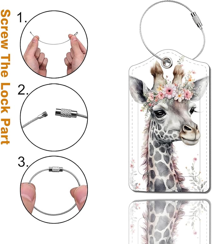 2 Pack Luggage Tag for Suitcase, Cute Unique Leather Bag Tags Identifiers Privacy Cover ID Label with Durable Steel Loop for Women Men Kids Girls Travel，GiraffeE