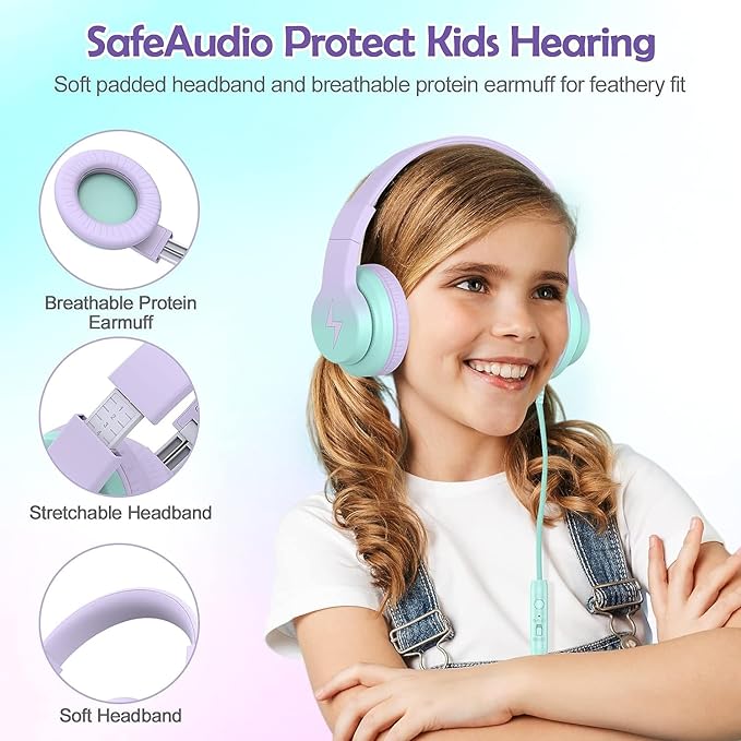 Candy Bila Kids Headphones, Wired Headphones for Kids Over Ear with Microphone, 85/94dB Volume Limiter Headphone for Girls Boys, Foldable Headphone for Learning & Entertainment,Gradient Purple